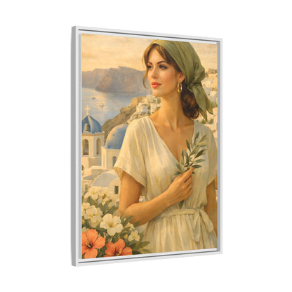 Oia Santorini Greek Woman Portrait — Romantic Vintage Framed Matte Canvas Art