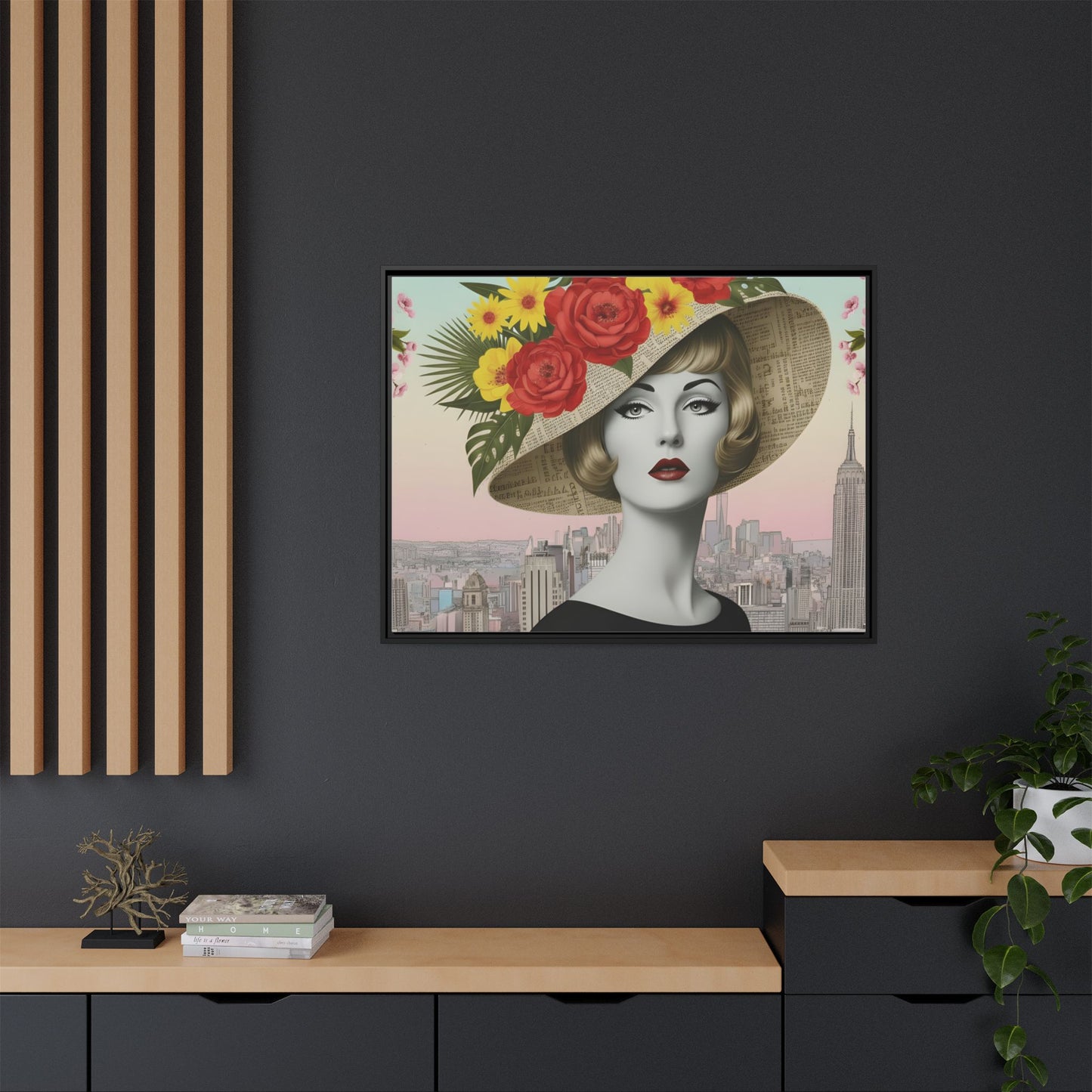 Blonde Lady with Floral Hat in New York — Vintage Pop Art Empire State Framed Canvas