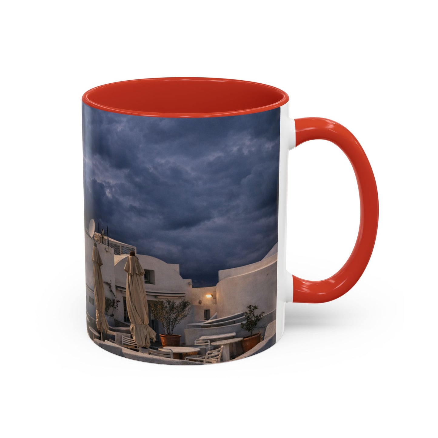 Santorini Windmill Storm Coffee Mug | Dramatic Sky Greek Travel Gift