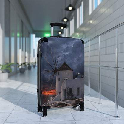 Oia Santorini Windmill Sunset Suitcase — Moody Greek Island Hard Shell Travel Luggage