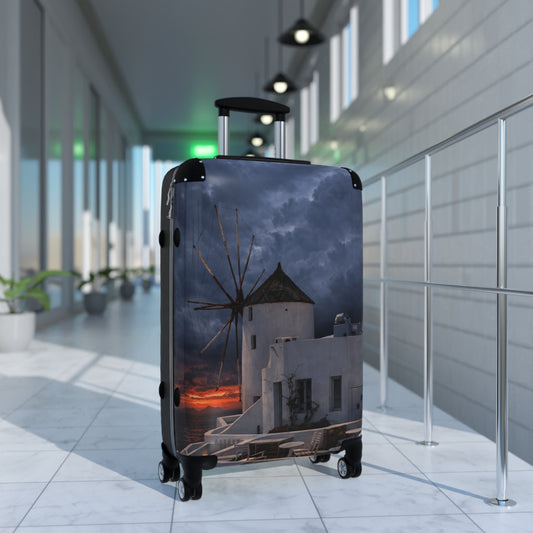 Oia Santorini Windmill Sunset Suitcase — Moody Greek Travel Luggage