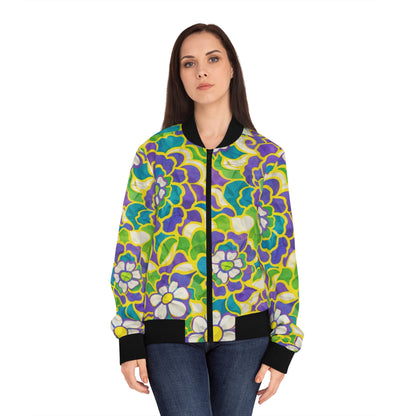 Floral Retro Bomber Jacket — Vibrant Green & Purple All-Over Print