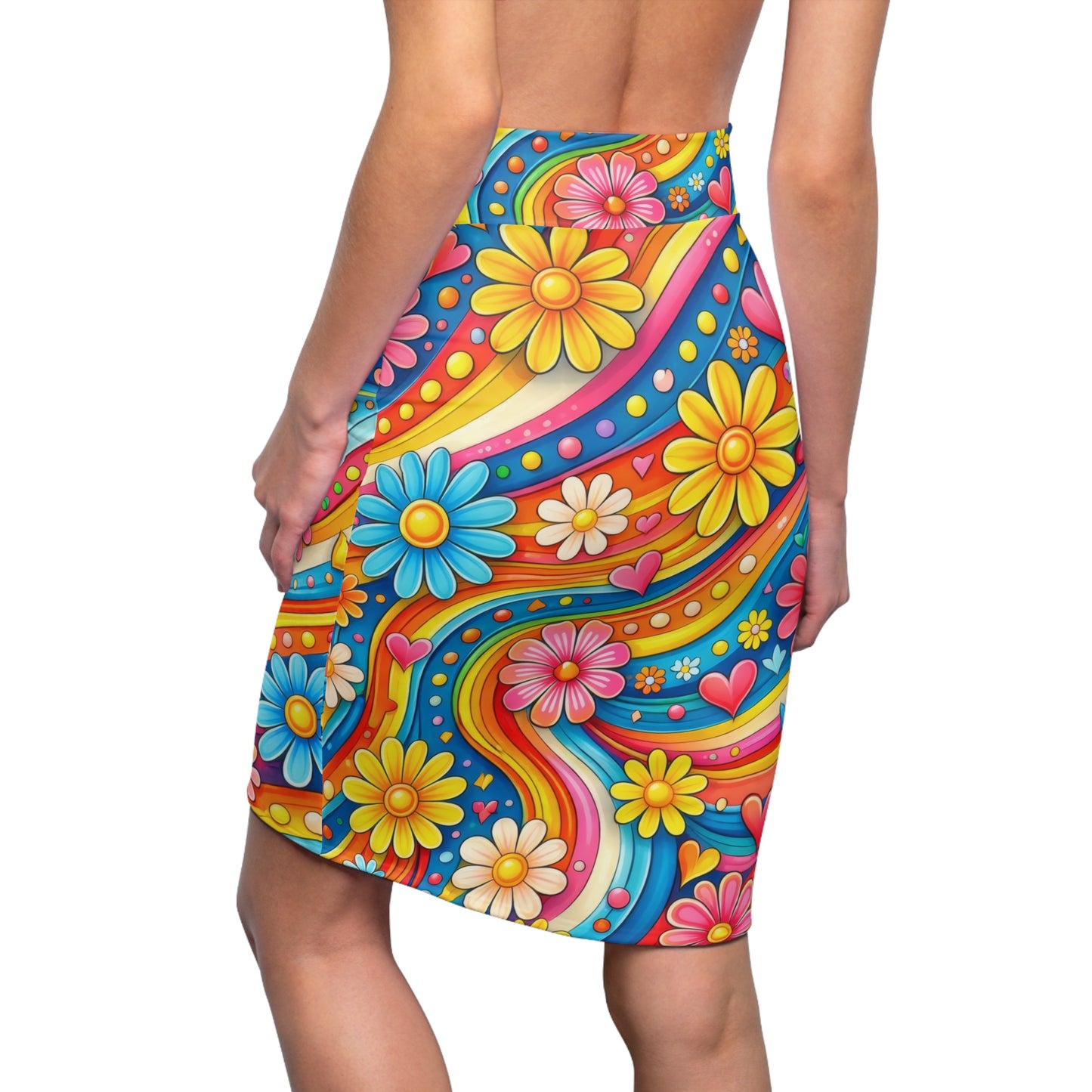 Retro Floral Psychedelic Pencil Skirt — Colorful 70s Daisy Heart Print