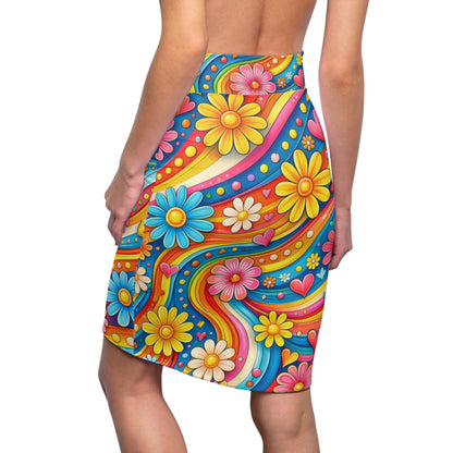 Retro Floral Psychedelic Pencil Skirt — Colorful 70s Daisy Heart Print