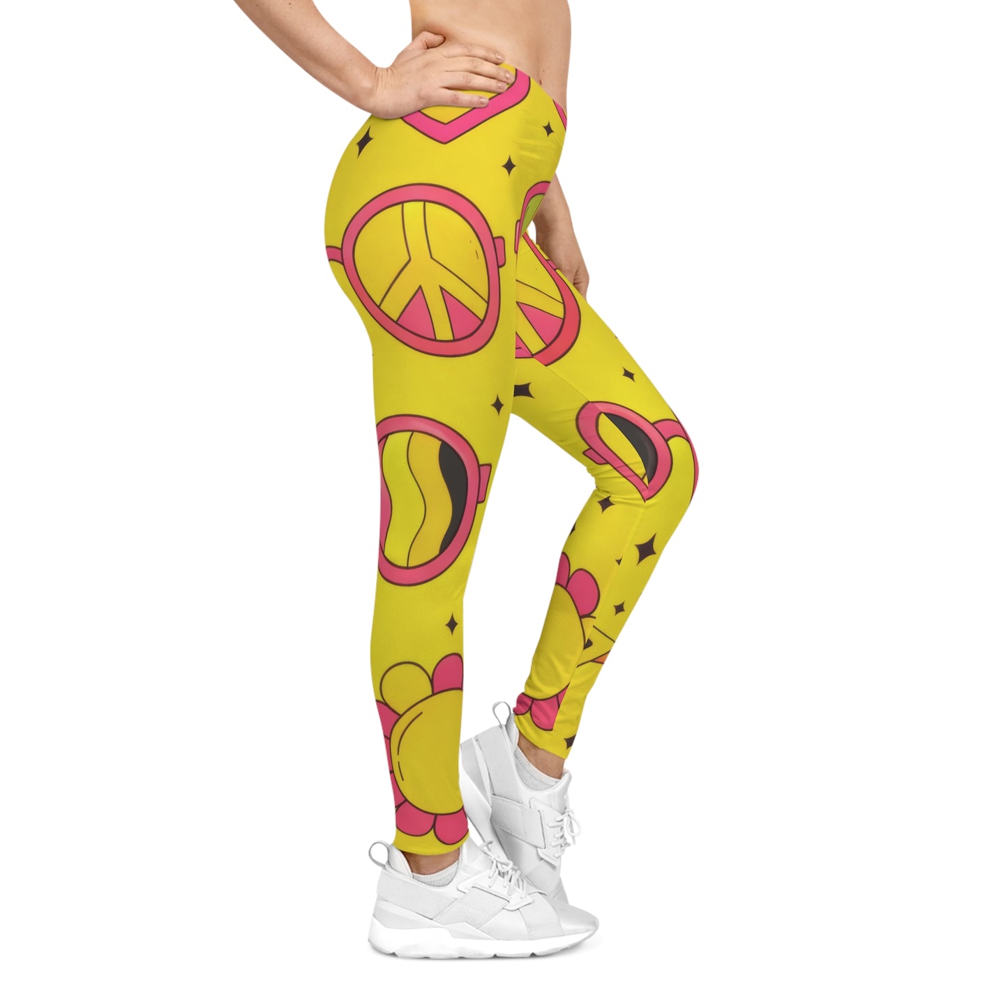 Peace & Love Yellow Pattern Leggings — Retro Heart, Peace Sign & Sun All-Over Print