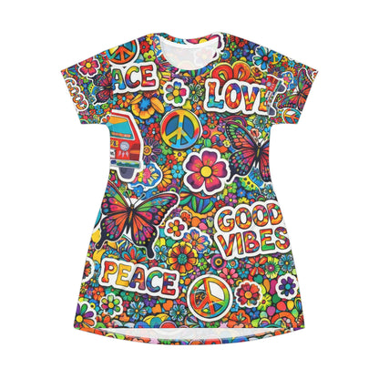 Peace & Love Hippie T‑Shirt Dress — Good Vibes All‑Over Print