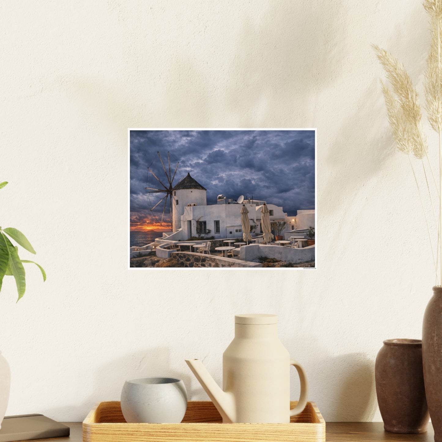 Oia Santorini Windmill Sunset Poster — Mediterranean Landscape Photo Art Print