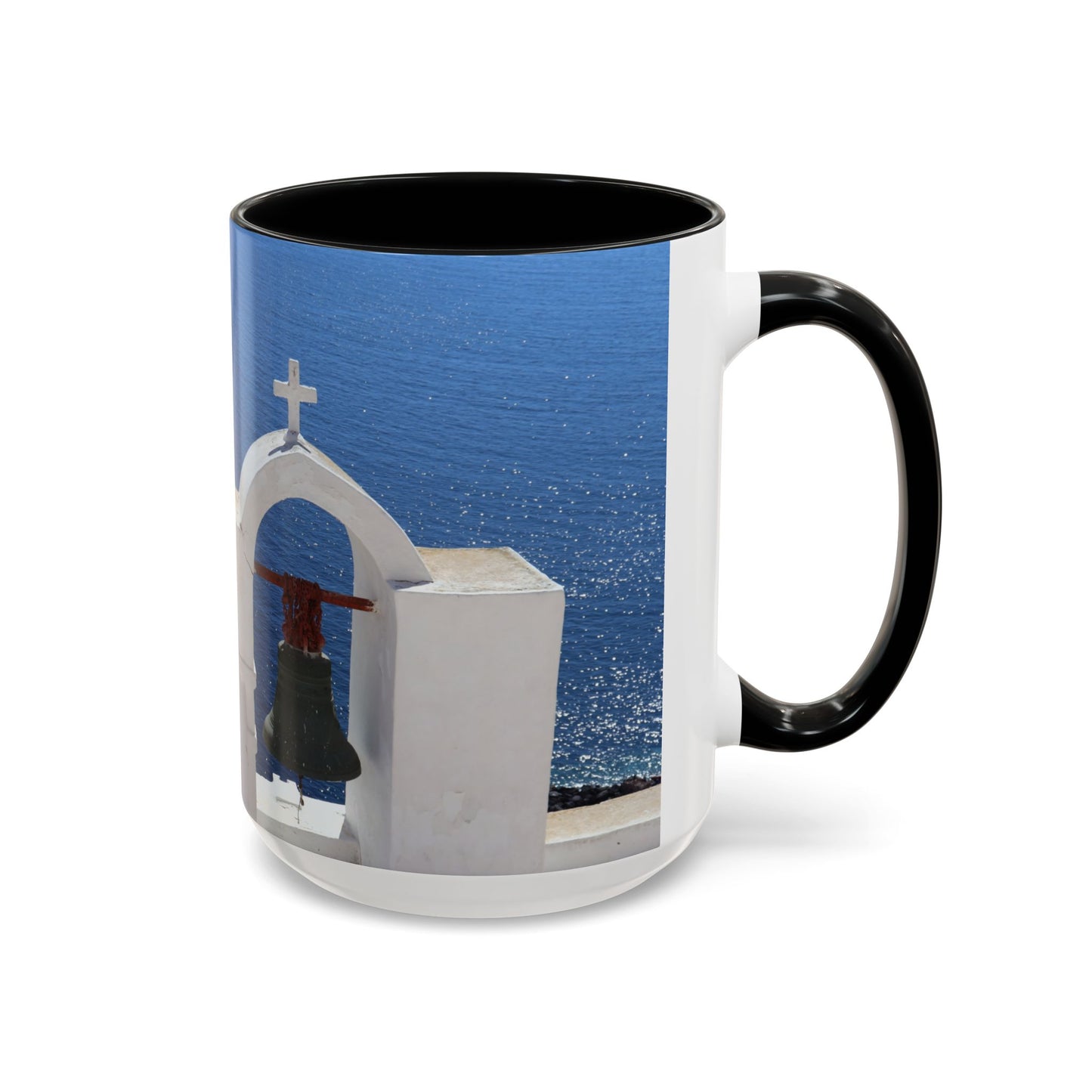 Santorini Bell Towers coffee mug | Greek island scene, blue sea accent mug