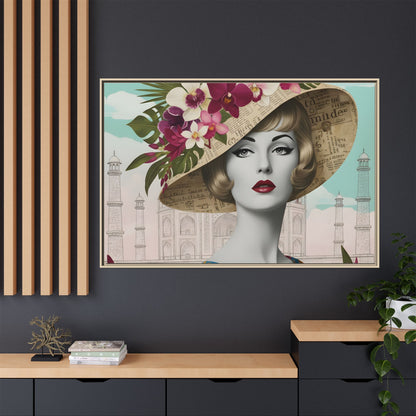 Elegant vintage pop art woman in front of Taj Mahal in India Canvas Wall Art