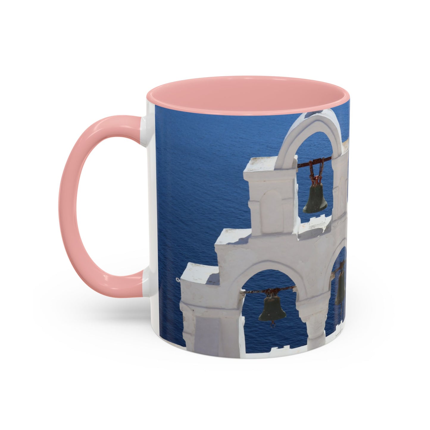 Santorini Bell Towers coffee mug | Greek island scene, blue sea accent mug