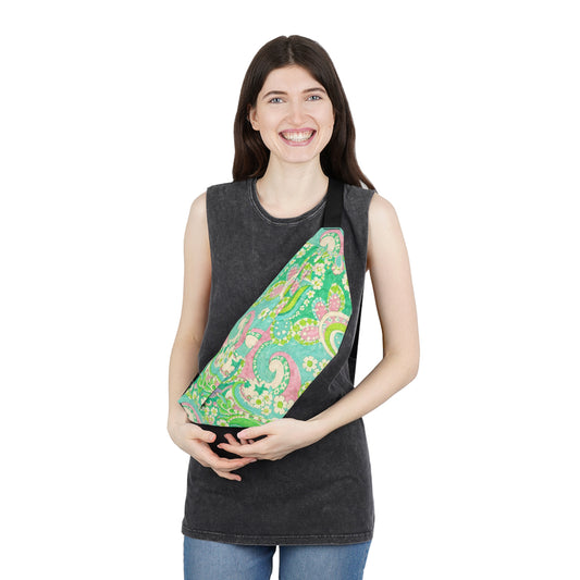 Green Paisley Large Fanny Pack — Retro Crossbody Waist Bag