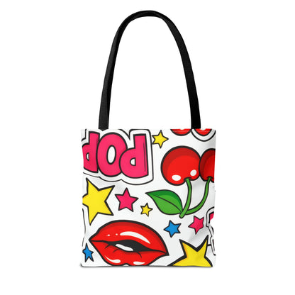 Pop Art Kiss & Cherries Tote Bag — Fun Retro Pattern All-Over Print