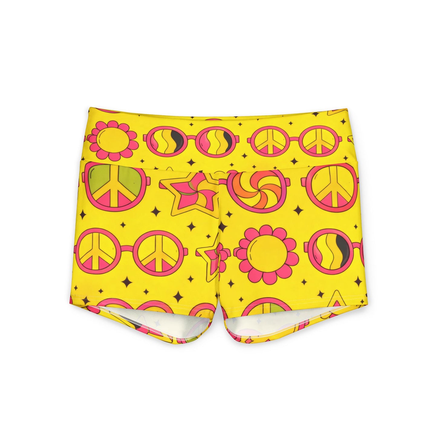 Women's Yoga Shorts — Retro 60s Peace Sign & Star Print Activewear