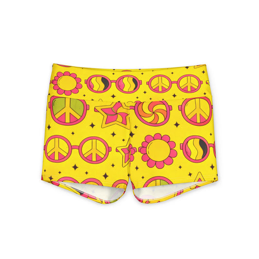 Women's Yoga Shorts — Retro 60s Peace Sign & Star Print Activewear