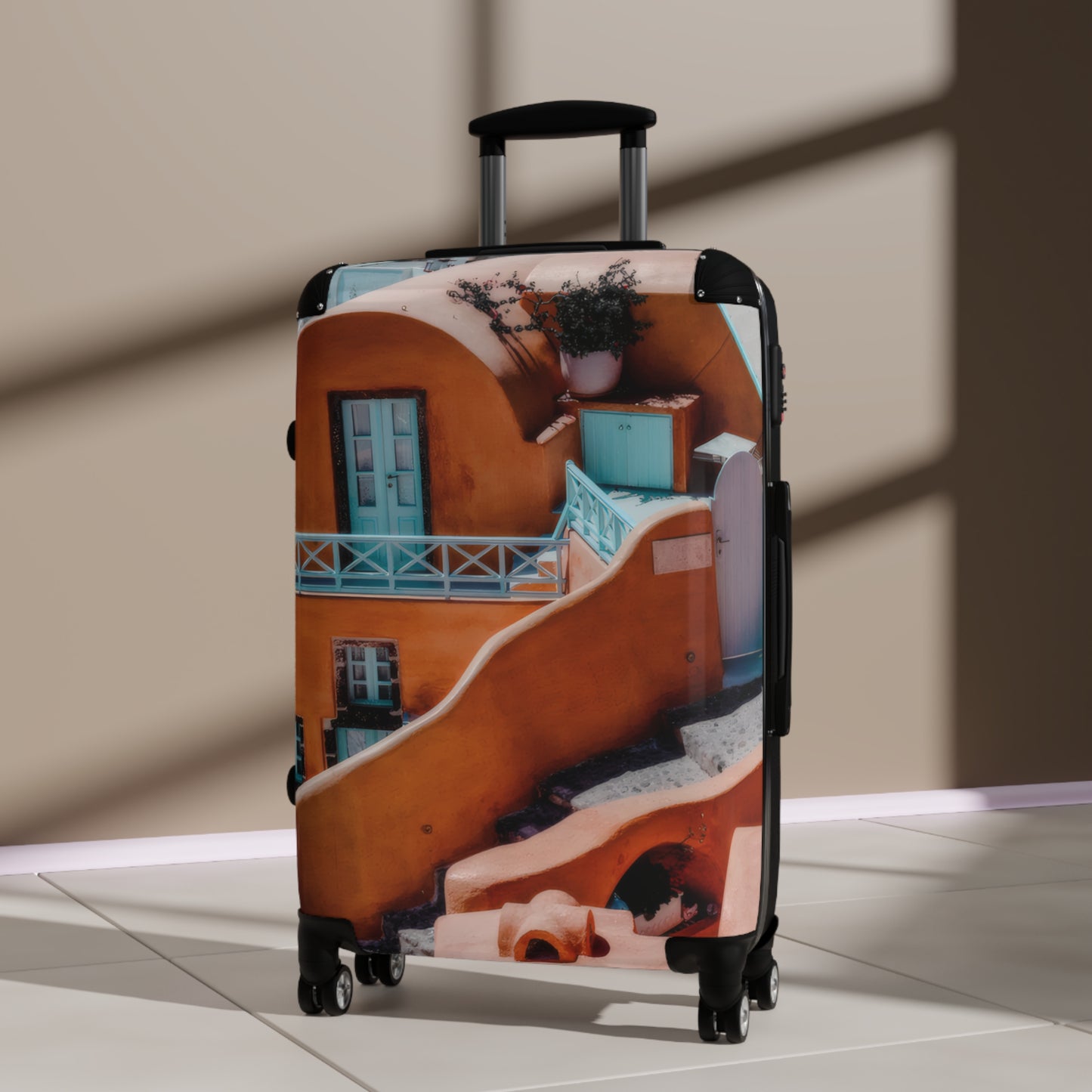 Santorini Orange Architecture Suitcase, Oia Greece Terracotta Travel Luggage, Mediterranean Vacation Bag, Unique Artist Design Cabin Bag