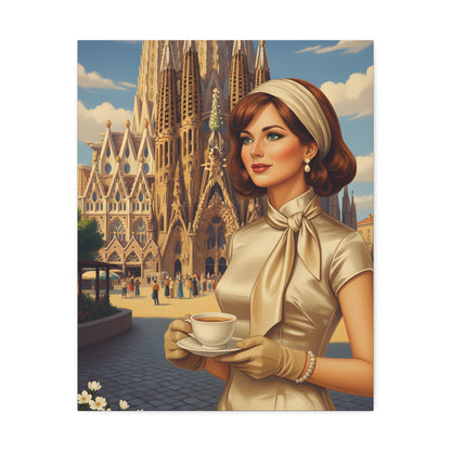 Elegant vintage woman drinking coffee in front of Sagrada Familia in Barcelona, retro fashion illustration Canvas Print - Stretched 1.5"