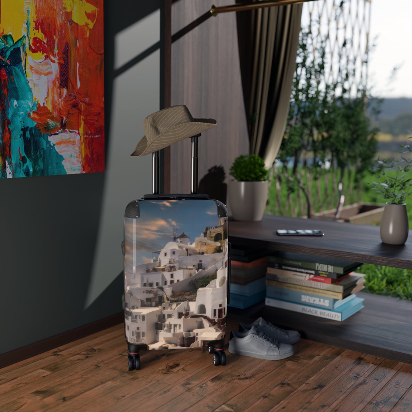 Santorini Sunset Suitcase, Oia Village Greece Travel Luggage, Iconic White Architecture