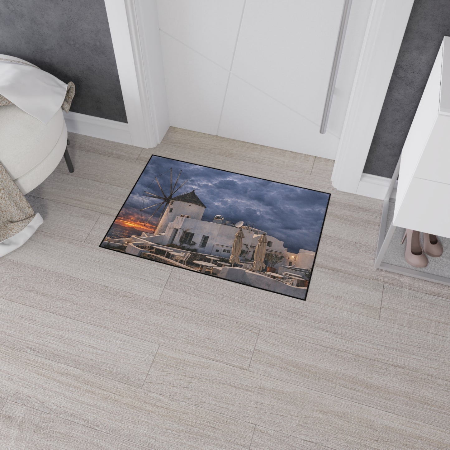 Oia Santorini Windmill Floor Mat — Mediterranean Coastal Sunset Home Decor
