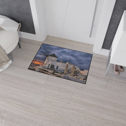 Oia Santorini Windmill Floor Mat — Mediterranean Coastal Sunset Home Decor