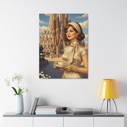Elegant vintage woman drinking coffee in front of Sagrada Familia in Barcelona, retro fashion illustration Canvas Print - Stretched 1.5"