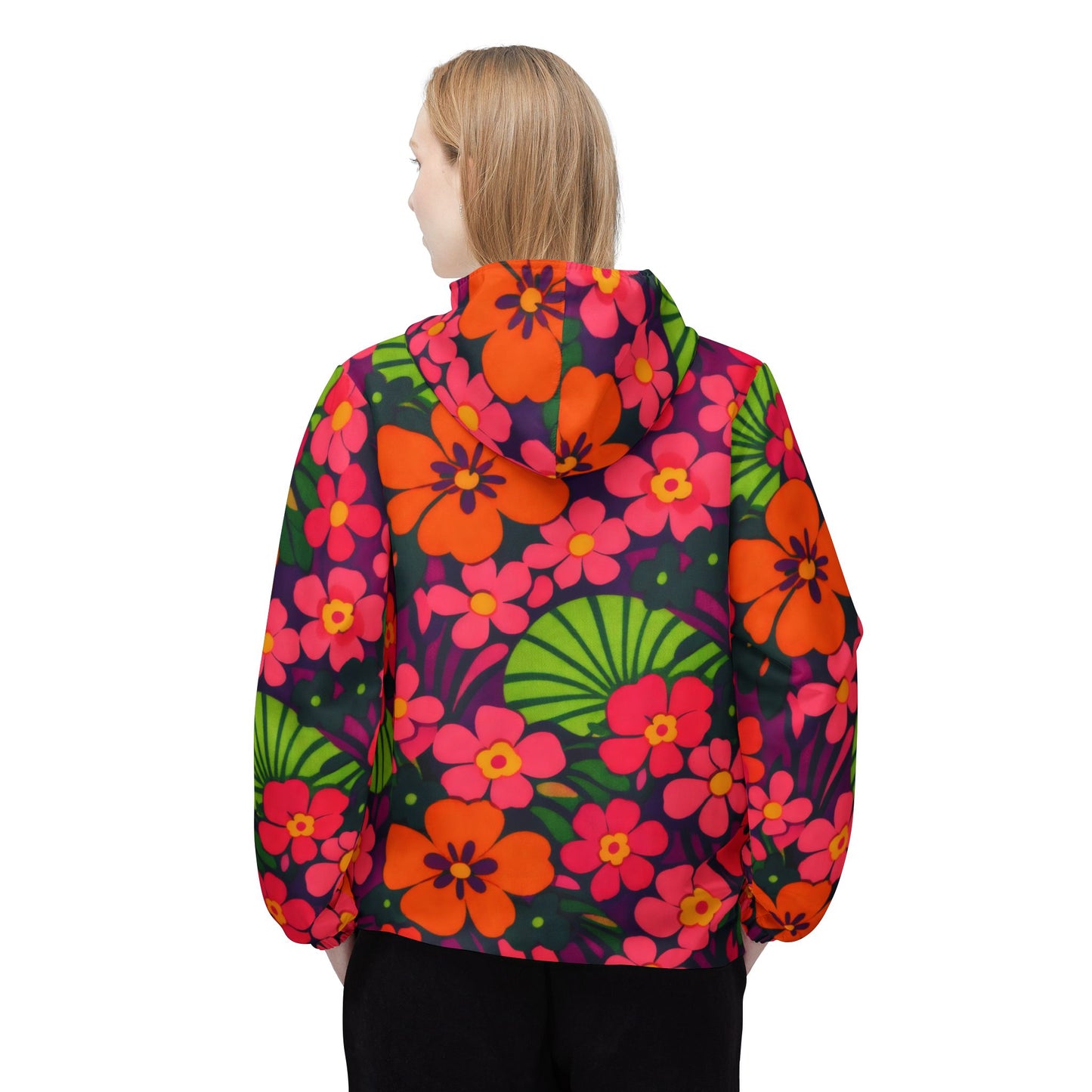 Floral Retro Windbreaker Jacket – Bright Pink & Orange AOP
