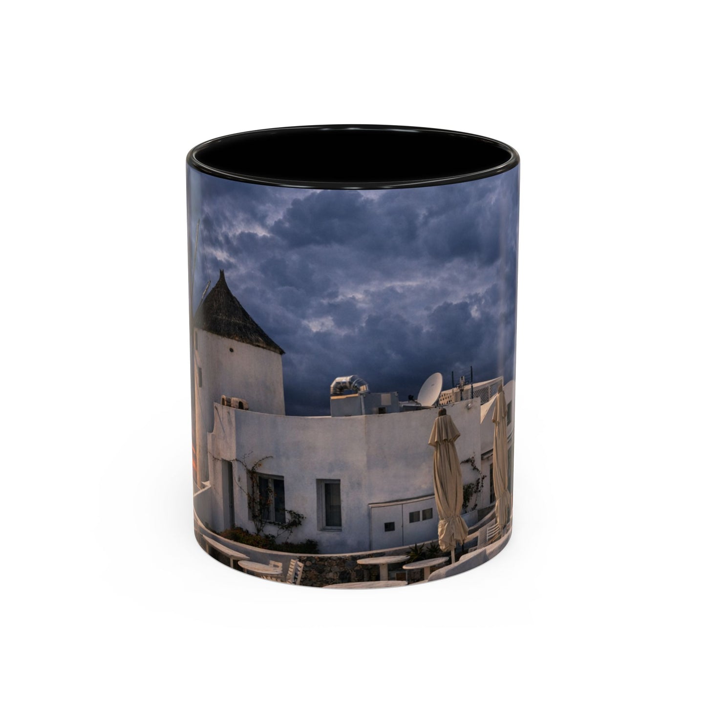 Santorini Windmill Sunset Accent Coffee Mug | Island Nightscape Greek Travel Gift | Unique Ceramic Mug