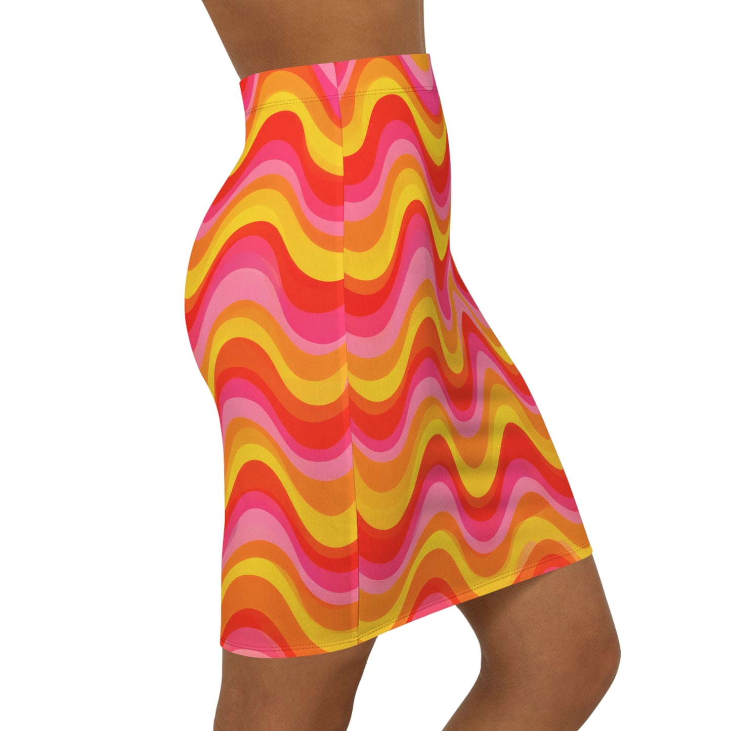 Retro Wavy Stripe Pencil Skirt — Bright 70s Inspired Mid‑Waist Print