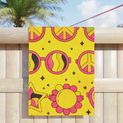 Retro Peace & Love Beach Towel — Yellow Floral Heart Paisley Pattern