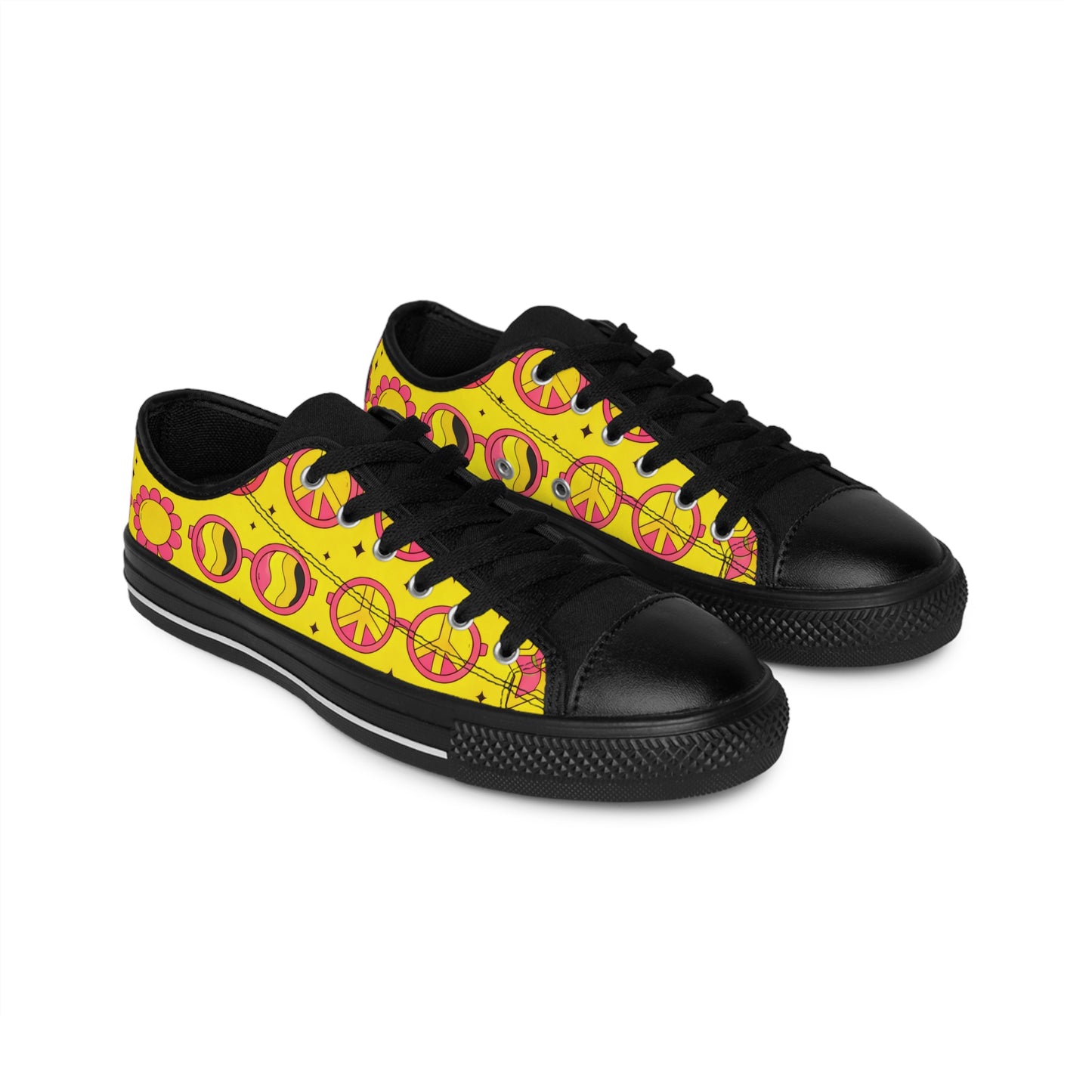 Peace Sign Floral Women's Sneakers — Yellow Retro Boho Canvas Shoes