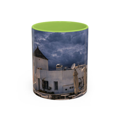 Santorini Windmill Sunset Accent Coffee Mug | Island Nightscape Greek Travel Gift | Unique Ceramic Mug