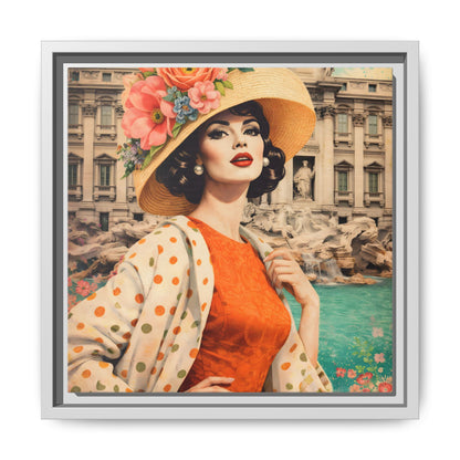 Elegant glamorous vintage woman in Rome front of Trevi Fountain, retro Italian travel fashion illustration,Framed Matte Canvas Art