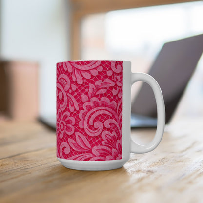 Pink Floral Lace Ceramic Mug — Decorative Paisley Pattern Coffee Cup (11oz, 15oz)