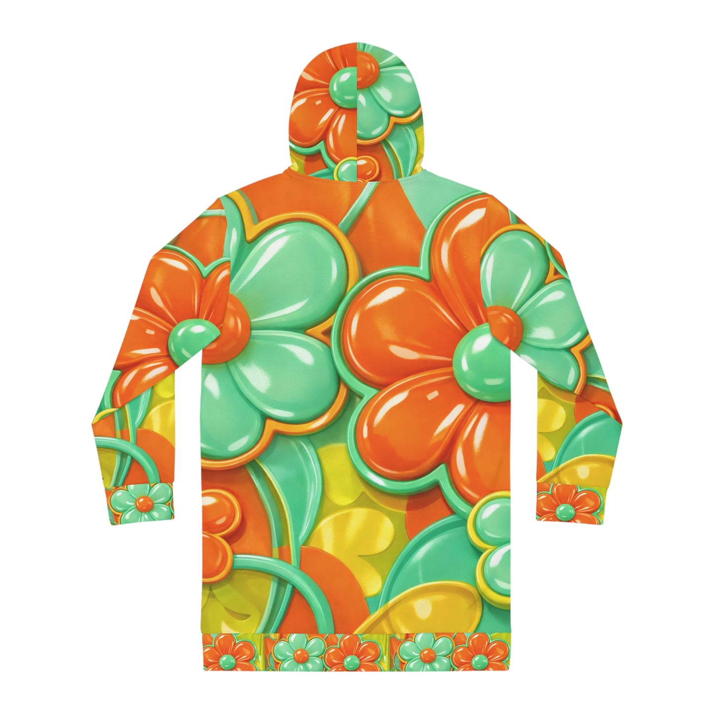 Retro Floral Hoodie Dress - Orange & Teal 60s Flower Power All-Over Print
