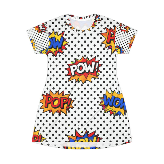 Comic Pop Art T-Shirt Dress — POW! WOW! Retro Polka Dot Graphic Dress