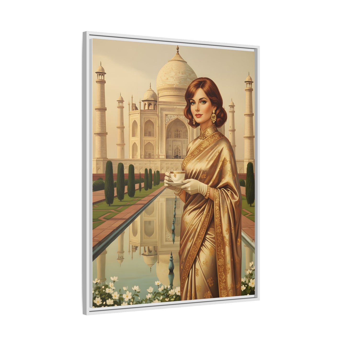 Taj Mahal Woman Portrait Matte Canvas — Framed Vintage Indian Travel Art