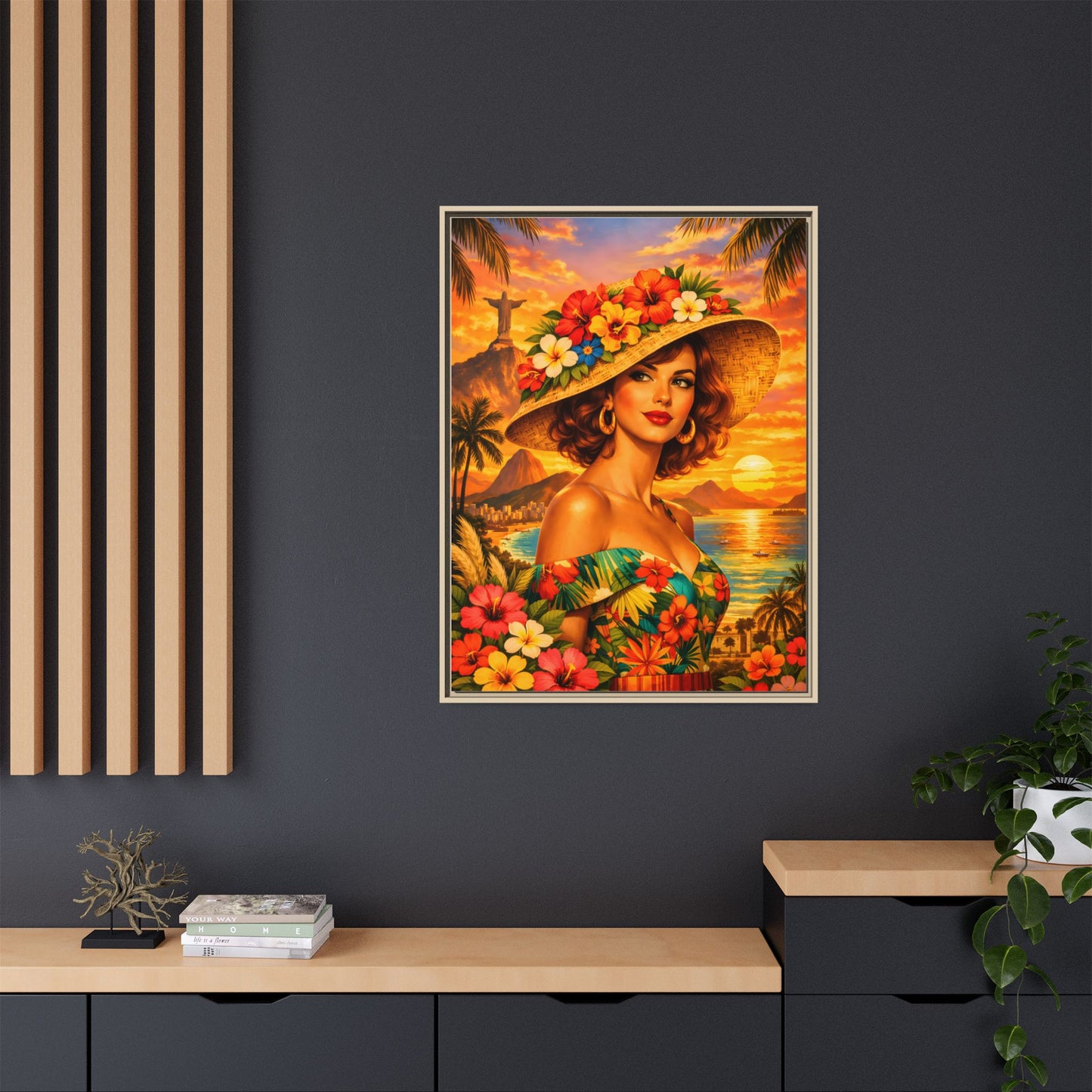 Elegant glamorous vintage woman in Rio de Janeiro front of Christ the Redeemer statue, retro Brazilian travel fashion illustration Canvas — Framed