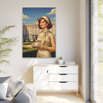 Elegant vintage woman drinking coffee in front of Royal Palace in Madrid Canvas Framed Wall Art