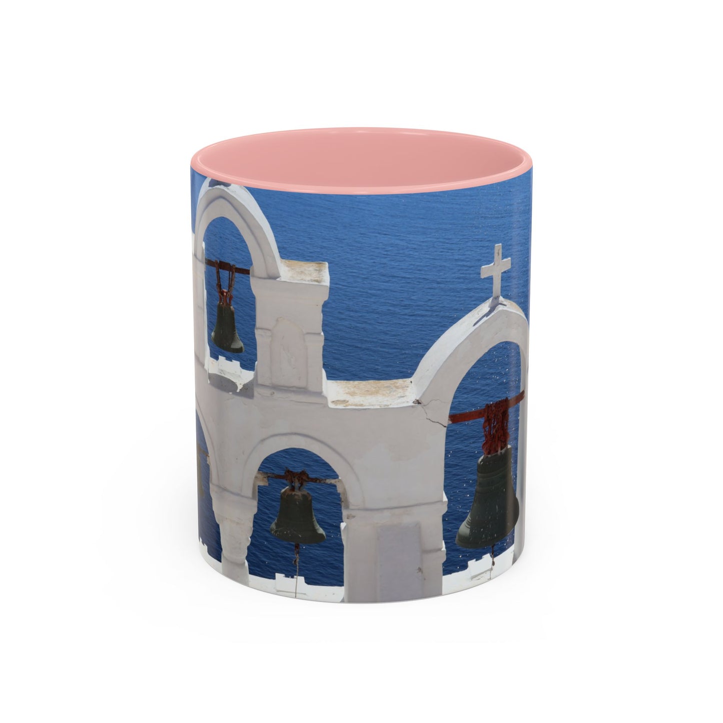 Santorini Bell Towers coffee mug | Greek island scene, blue sea accent mug