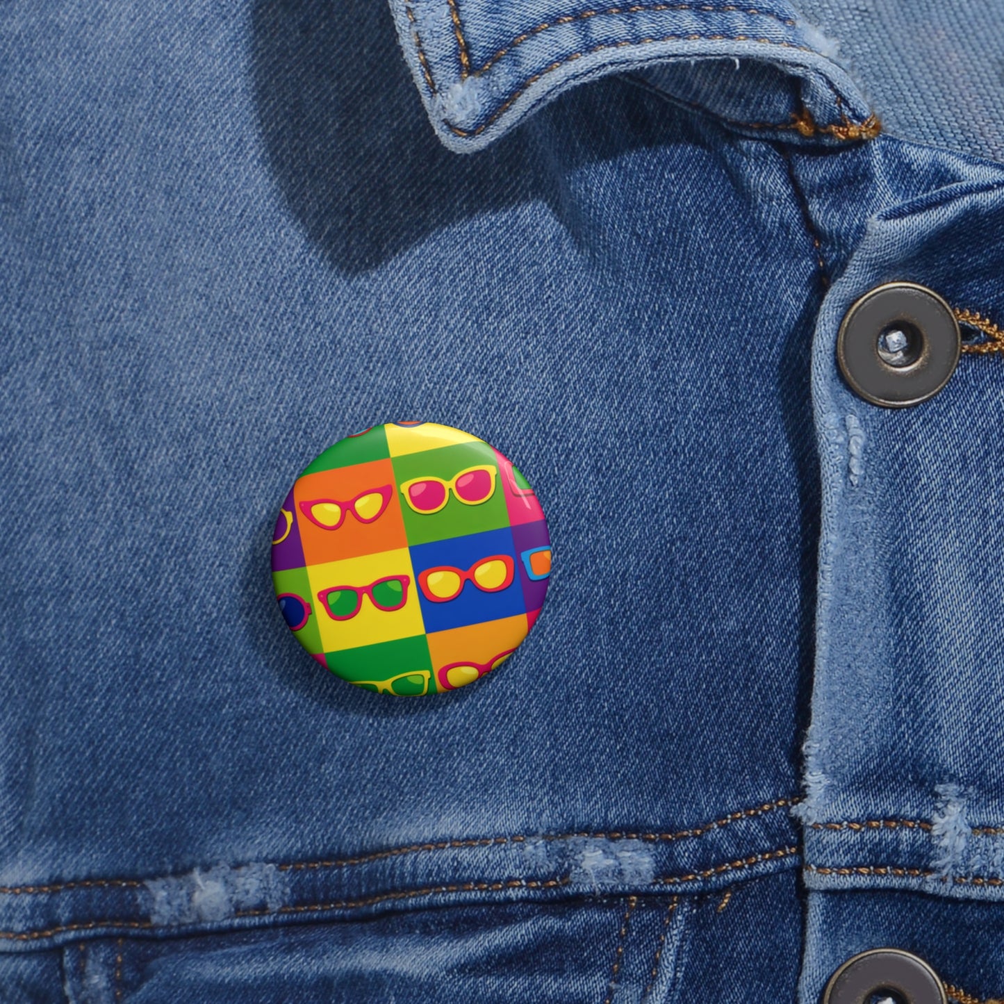 Colorful Pop Art Sunglasses Pin Button — Retro Rainbow Badge for Jackets, Bags & Gifts
