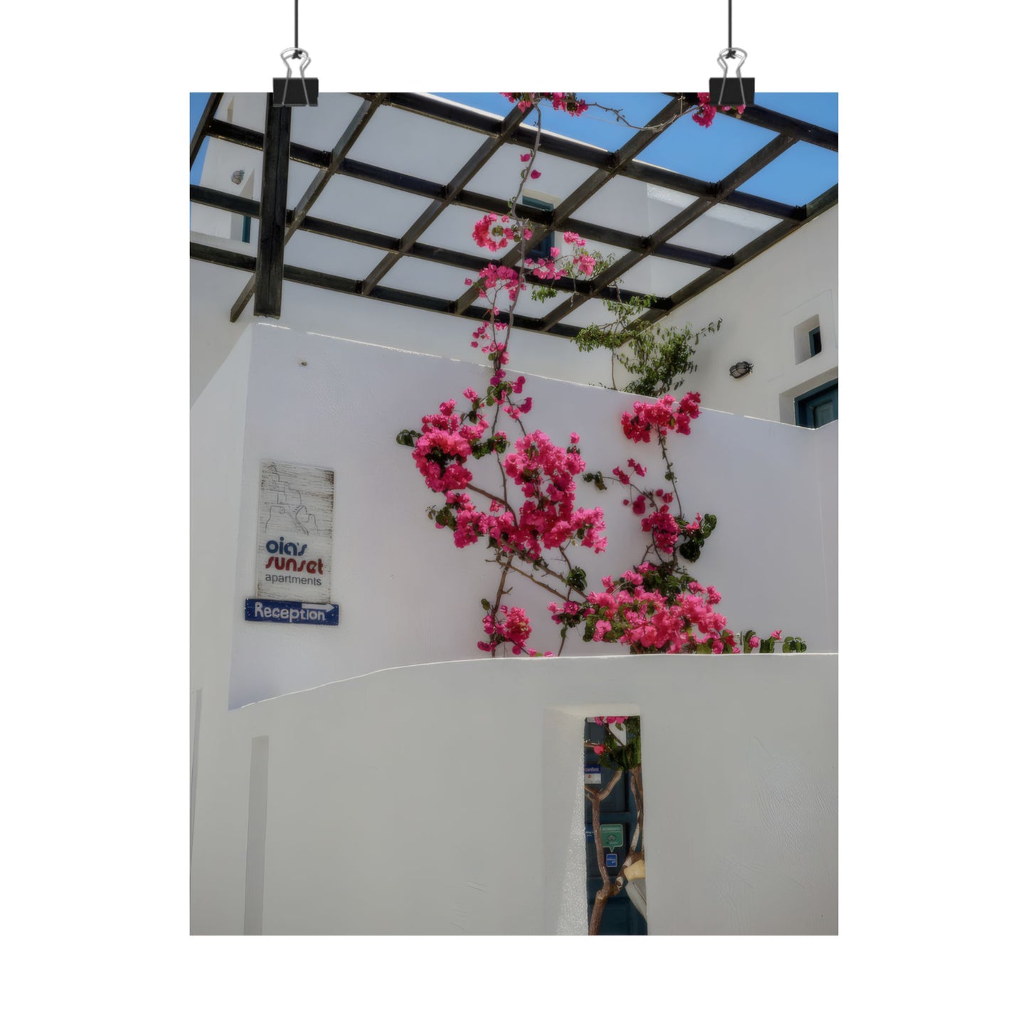 Santorini Bougainvillea Poster, Oia Greece White Architecture Art, Mediterranean Floral Wall Decor, Greek Island Photography Print Art Decor
