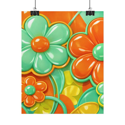 Retro Floral Pop Art Rolled Poster | Orange Teal Flower Print
