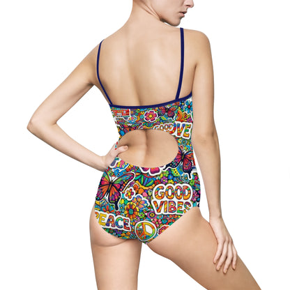 Good Vibes Retro Hippie One-Piece Swimsuit
