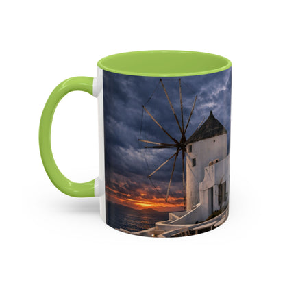 Santorini Windmill Sunset Accent Coffee Mug | Island Nightscape Greek Travel Gift | Unique Ceramic Mug