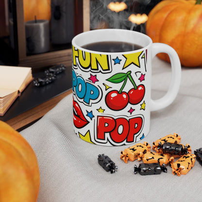 Pop Art Comic Ceramic Mug | Fun Hearts & Lips Coffee Cup (11oz, 15oz)