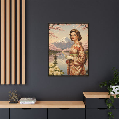 Framed Matte Canvas Art — Vintage Geisha in Kimono with Mount Fuji