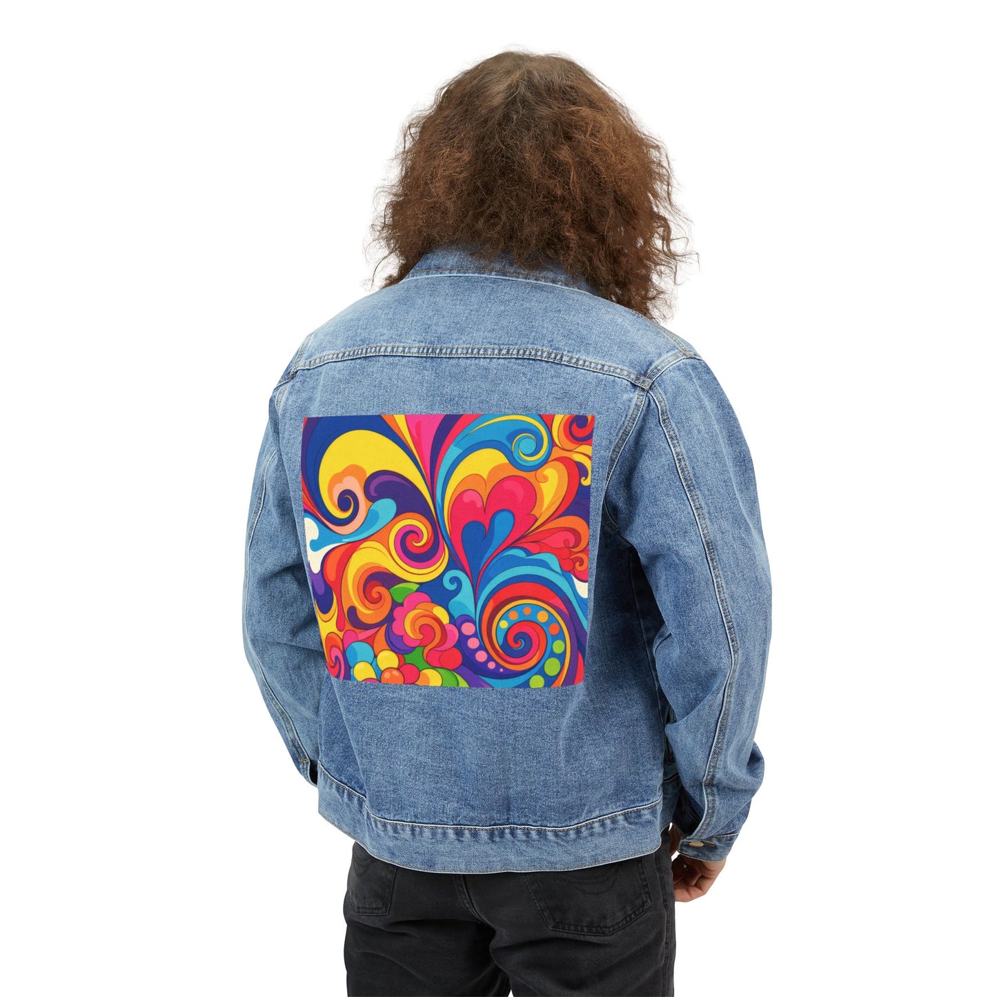 Men's Denim Jacket with Colorful Retro Psychedelic Back Patch — Vibrant 70s Swirl Design