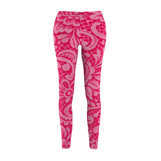 Pink Floral Lace Pattern Leggings — Women's All-Over-Print Casual Leggings