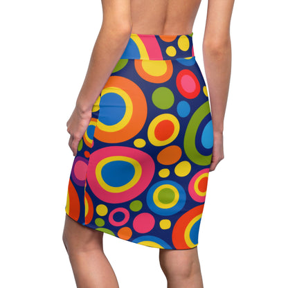 Retro Rainbow Circles Pencil Skirt — Bold 60s Mod Print