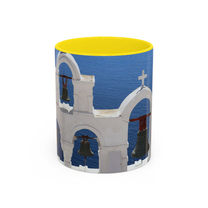Santorini Bell Towers coffee mug | Greek island scene, blue sea accent mug