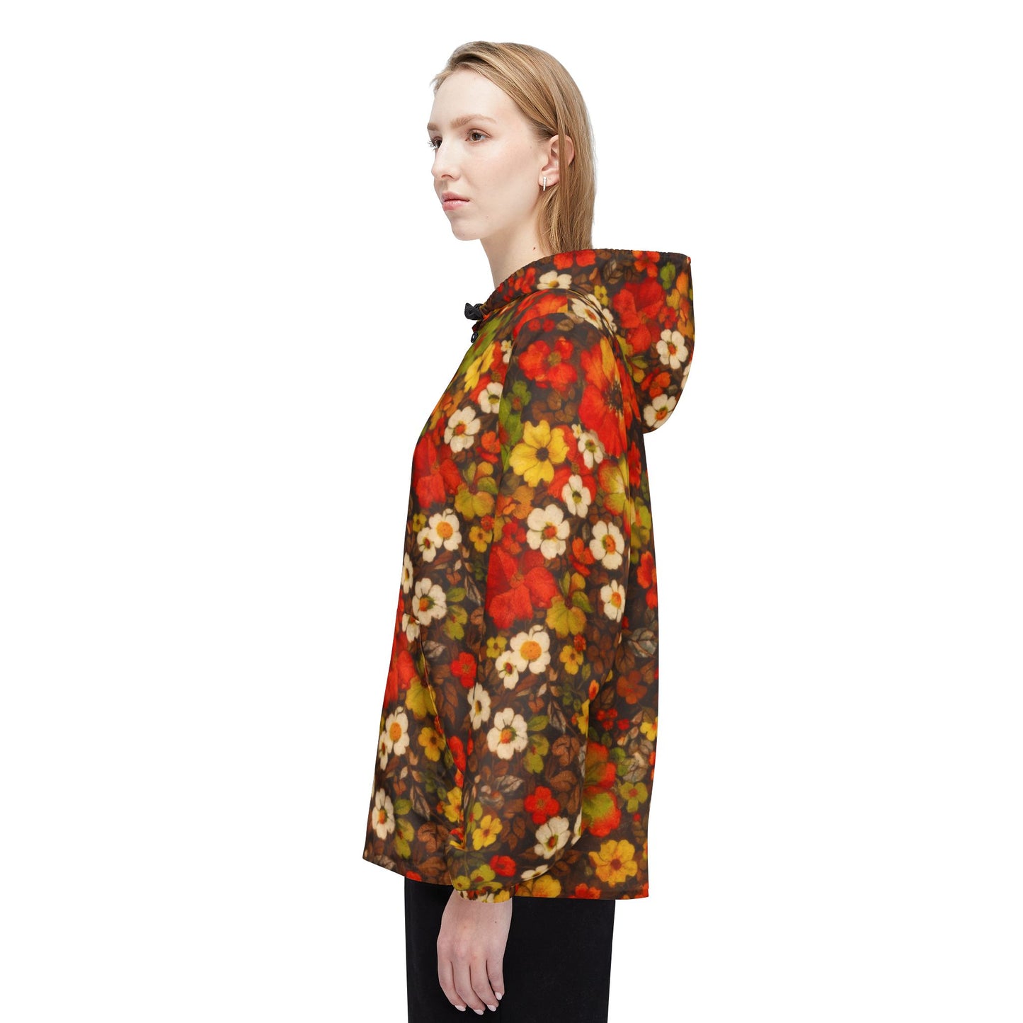 Floral Fall Windbreaker Jacket — Retro Orange & Brown All-Over Print